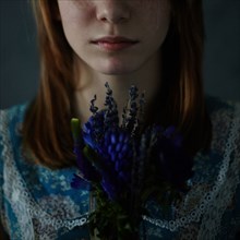 Caucasian teenage girl holding bouquet of flowers