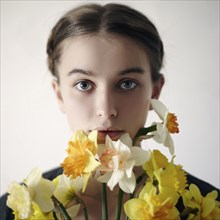 Serious Caucasian girl holding flowers on face