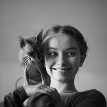 Smiling Caucasian girl with hairless cat on shoulder