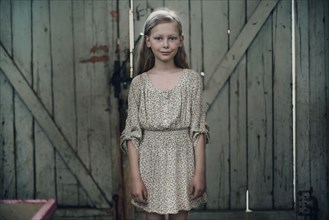 Caucasian girl wearing dress standing in barn
