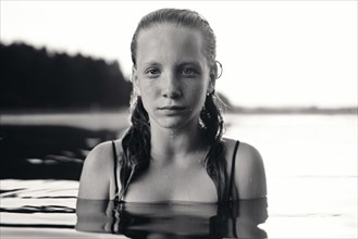 Portrait of serious Caucasian girl in lake