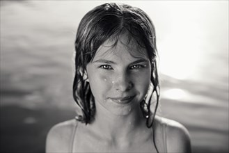 Portrait of Caucasian girl in lake