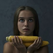 Caucasian girl holding corn on cob and looking up