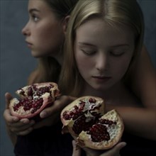 Intertwined Caucasian girls holding sliced pomegranate