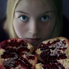 Caucasian girl showing pomegranate slices