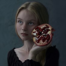 Caucasian girl holding pomegranate slice to cheek