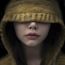 Portrait of Caucasian girl covering eyes with hood