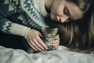 Caucasian woman petting kitten
