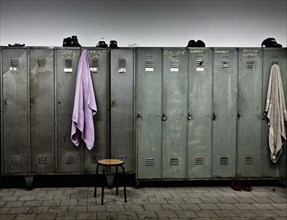 Towels hanging from lockers in locker room