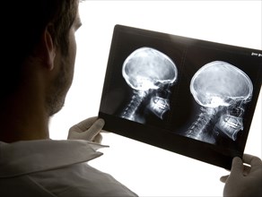 Caucasian doctor examining x-rays in hospital