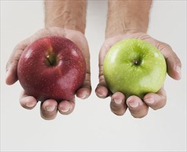 Close up of hands holding two apples