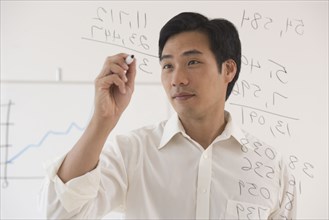 Asian businessman writing on white board