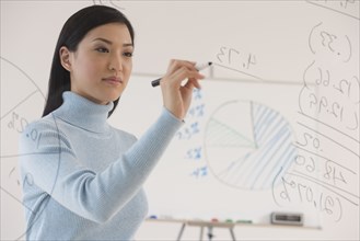 Asian businesswoman writing on white board