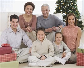 Multi-generational Hispanic family on Christmas