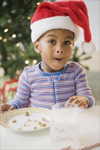 African American boy pointing to eaten cookies by 'For Santa' sign