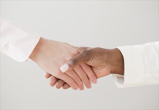 African and Caucasian woman shaking hands