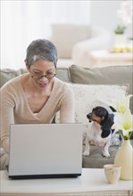 Dachshund watching Chinese woman using laptop in living room