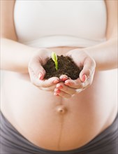 Pregnant Hispanic woman holding handful of dirt with seedling