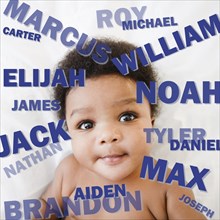 African American baby boy surrounded by boy's names