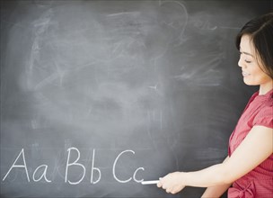 Japanese teacher writing on blackboard