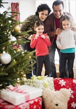 Family examining presents under Christmas tree
