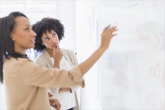 African American businesswomen at whiteboard in office