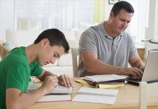 Caucasian father using laptop near studying son