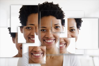 Portrait of smiling Black woman in fragmented parts