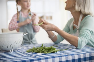 Senior Caucasian woman and granddaughter shucking peas together