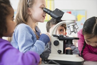 Students using microscope in classroom