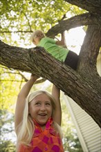 Low angle view of Caucasian children climbing tree