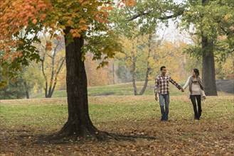 Couple holding hands and walking in park