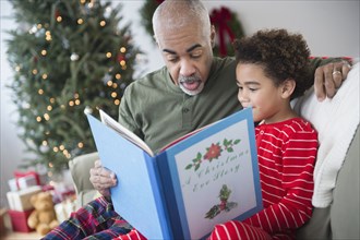 Mixed race grandfather reading to grandson at Christmas