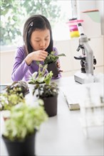 Chinese student examining plants in science lab