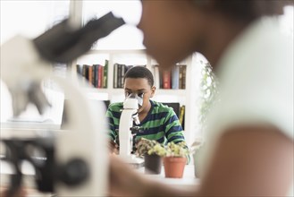 Black students using microscopes in science lab