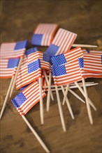 Close up of pile of American flags