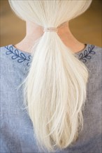 Rear view of ponytail of gray hair of Caucasian woman