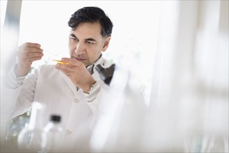 Mixed race scientist working in laboratory