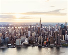 Aerial view of New York City skyline and sunset