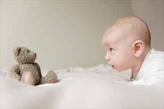 Caucasian baby staring at teddy bear on bed