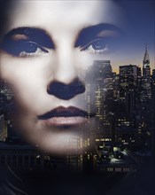 Face of Caucasian woman and New York cityscape