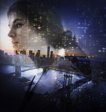 Face of Caucasian woman and New York cityscape