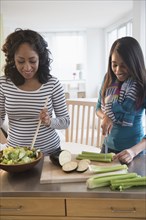 Mother and daughter chopping vegetables for salad