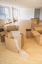 Cardboard boxes and bubble wrap in empty apartment