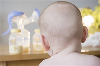 Caucasian baby boy looking at bottles of breast milk