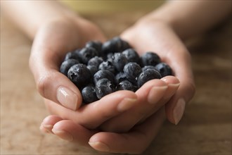 Hands of Hispanic woman holding blueberries