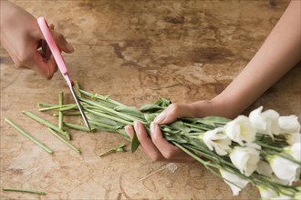 Hispanic woman cutting stems of flowers