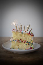 Flickering candle burning cake with sprinkles on plate