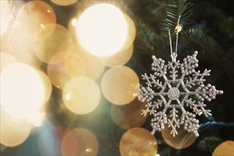 Snowflake ornament on Christmas tree
