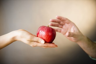 Hand of woman offering red apple to man